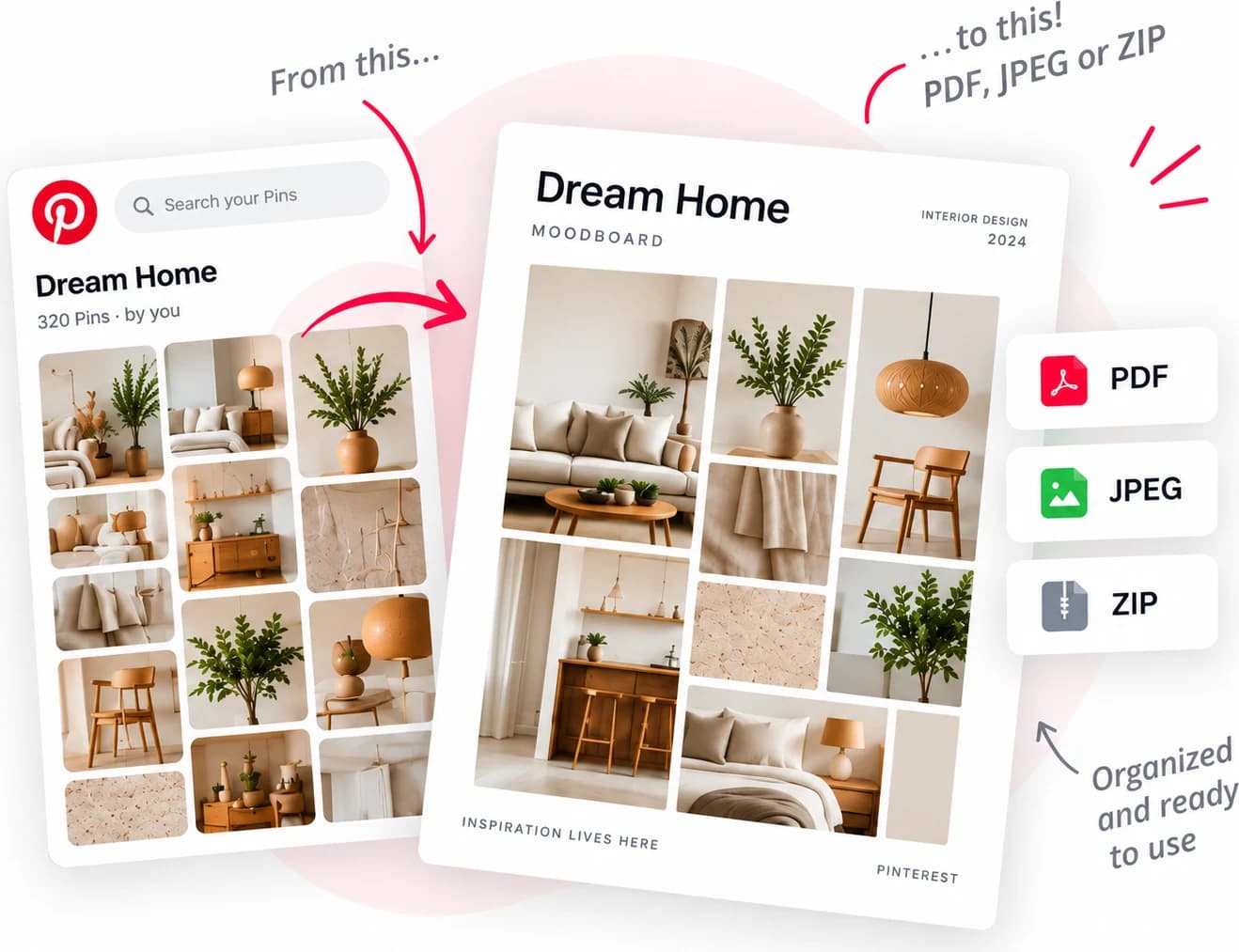 Un tablero de Pinterest de 320 pines convertido en un moodboard organizado, exportable como PDF, JPEG o ZIP
