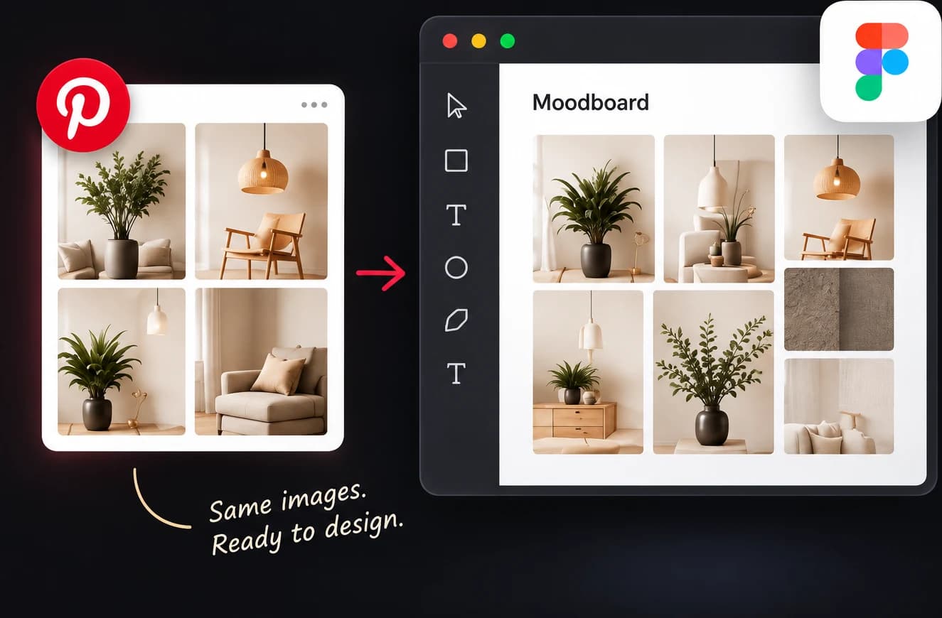 Un tableau Pinterest placé sur le canevas Figma en moodboard masonry dans un seul frame