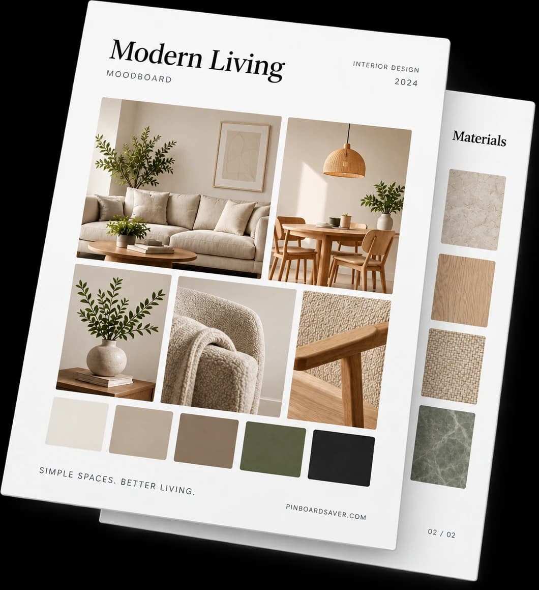 Un tablero de Pinterest exportado como moodboard PDF de varias páginas con una hoja de materiales