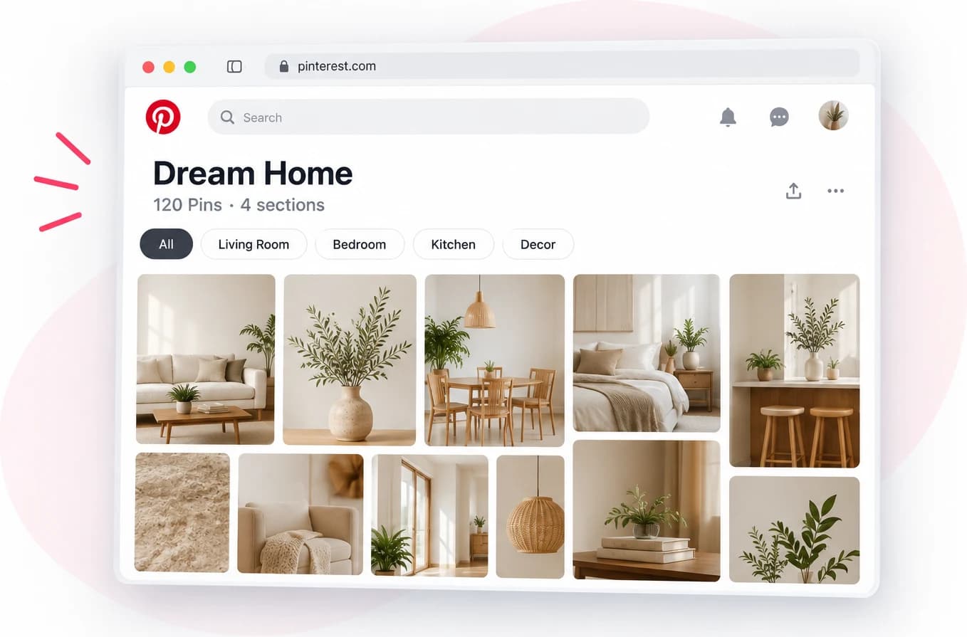 Un tablero de Pinterest llamado Dream Home abierto en el navegador, 120 pines en 4 secciones