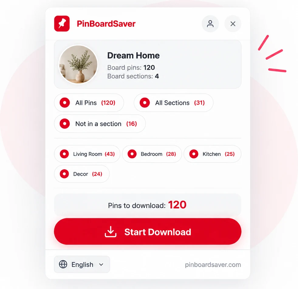 El panel de PinBoardSaver con las secciones del tablero y 120 pines en cola de descarga