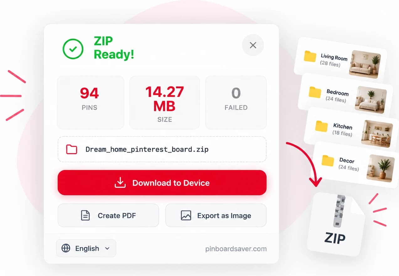Descarga terminada: un ZIP de 94 pines con carpetas con los nombres de las secciones del tablero