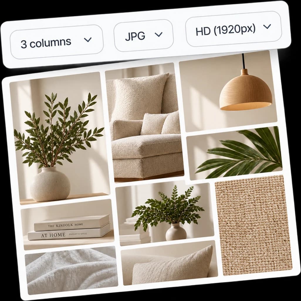Un tablero de Pinterest completo exportado como una sola imagen collage, con selectores de columnas, formato y tamaño