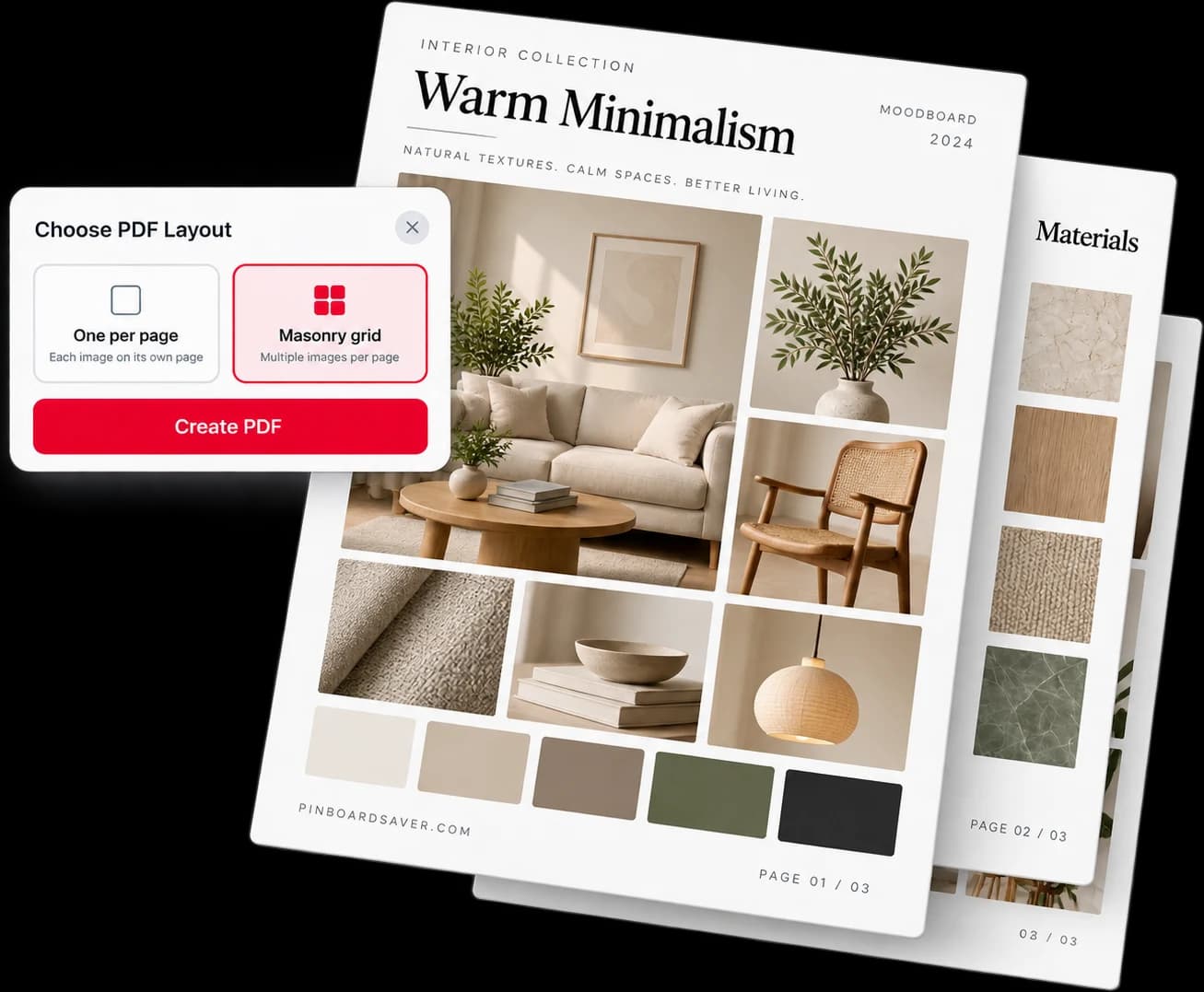 Un tablero de Pinterest exportado como moodboard PDF de varias páginas, con el selector de diseño abierto
